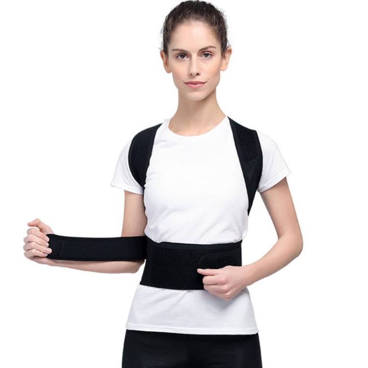 Black posture belt with wide elastic waist band worn over white T-shirt, side view