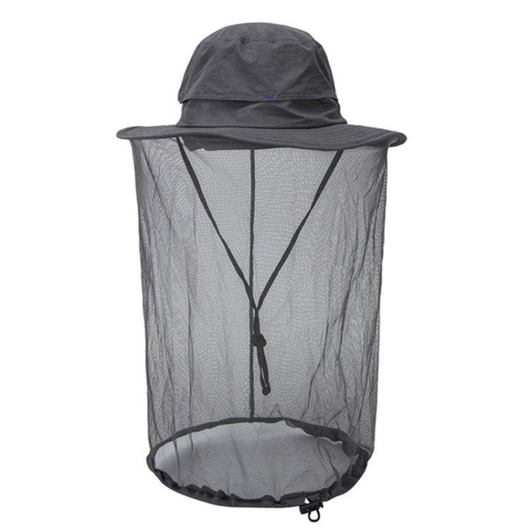 Wide-brim fisherman hat with protective mesh mosquito net and chin cord, dark gray