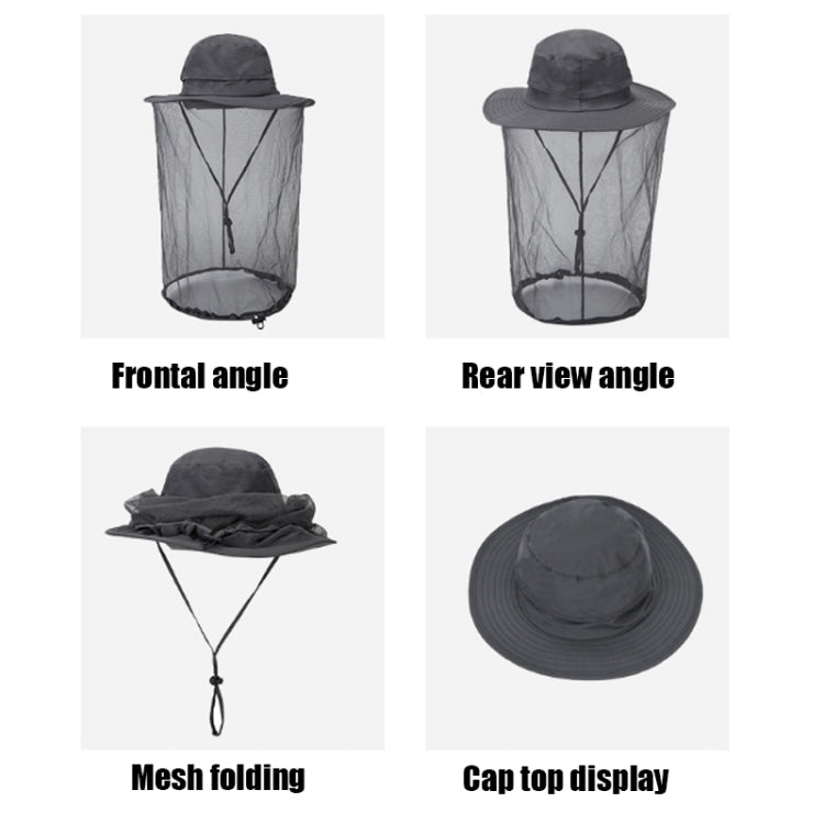 Black anti-mosquito net sun hat set: front, rear, folded, and cap top views