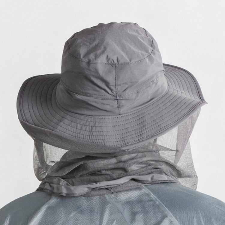 Back view of wide-brim mosquito net sun hat with folded mesh cape, gray