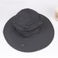 Black/dark gray wide-brim mosquito net sun hat with visible dust specks
