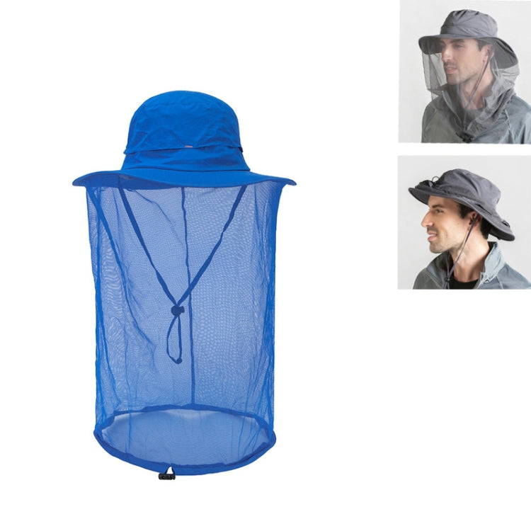 Blue anti-mosquito net sun hat with wide brim and face mesh curtain