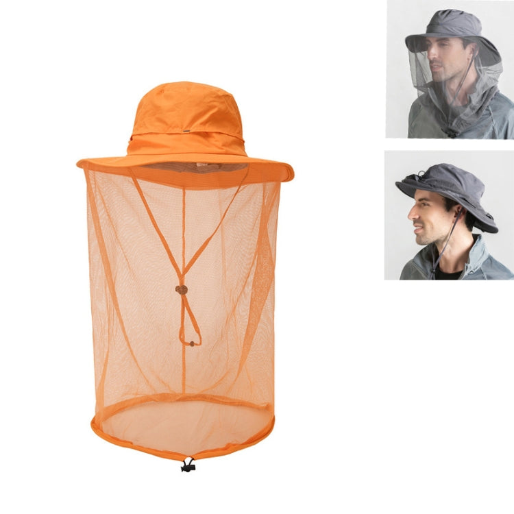 Orange anti-mosquito net sun hat with wide brim and face mesh curtain