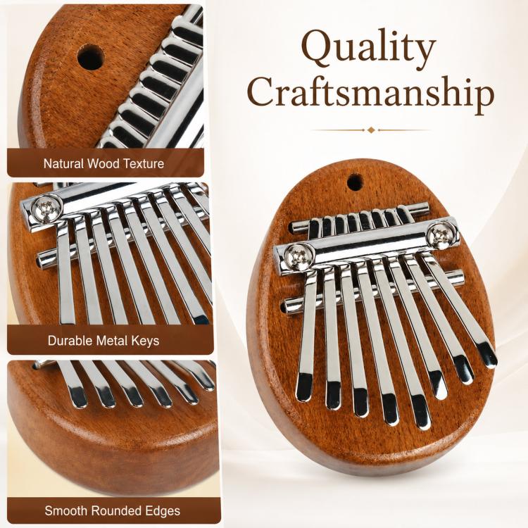 Brown wooden kalimba with silver metal keys and smooth rounded edges