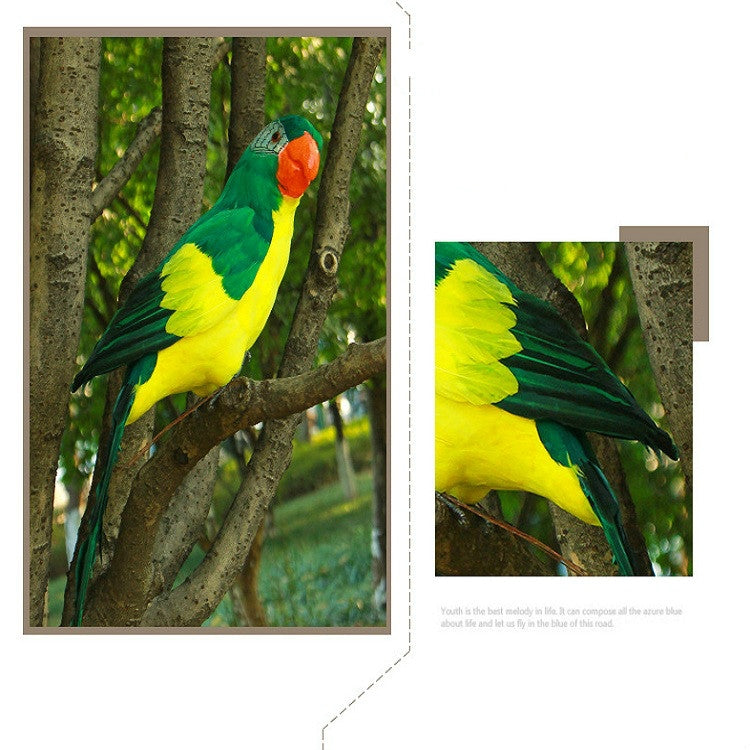 Green and yellow parrot decoration with orange face, perched on a tree branch close-up