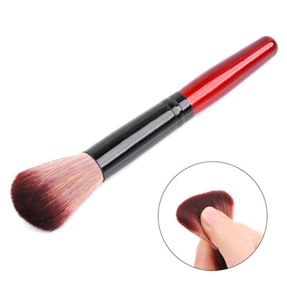 Nail powder brush with red-and-black handle and soft burgundy bristles