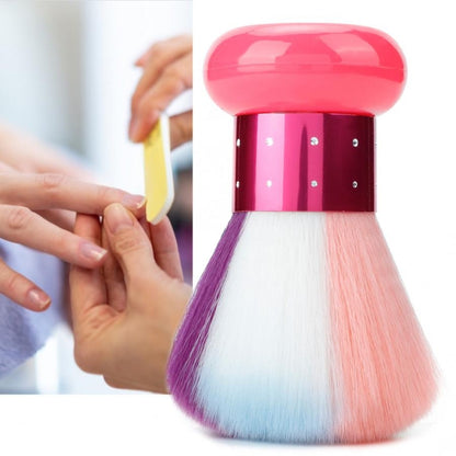 Round soft-fur nail brush with pink cap and gradient bristles for dust cleaning