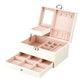 White jewelry organizer box with lid open, divided compartments and pink fabric pad