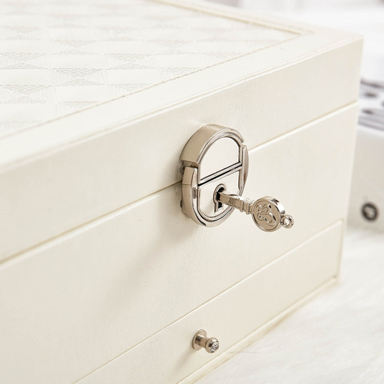 Close-up of white jewelry storage box lock and metal handle hardware