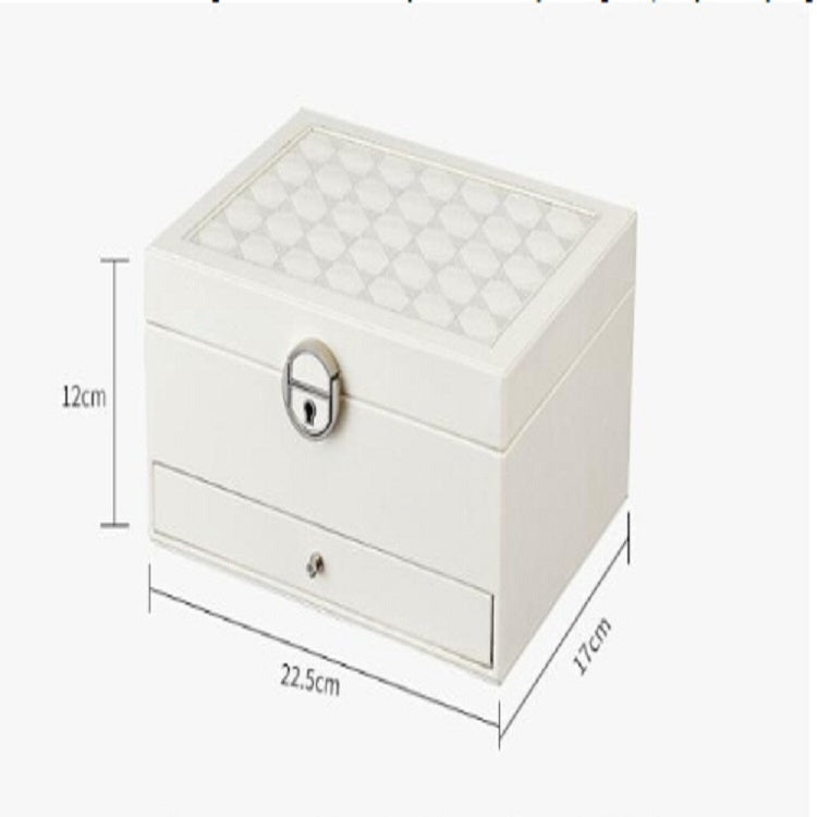 White jewelry storage box dimensions diagram with lock and quilted top panel