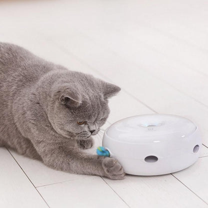 Gray cat pawing a white rotating pet toy with a small colorful ball