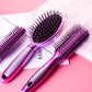 Set of three purple air-cushion hair brushes with black bristles and silver grips.