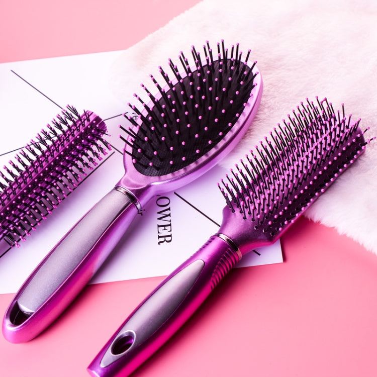 Set of three purple air-cushion hair brushes with black bristles and silver grips.