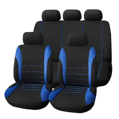 Universal car seat cover set (9 pcs) in black with blue side panels and stitched lines