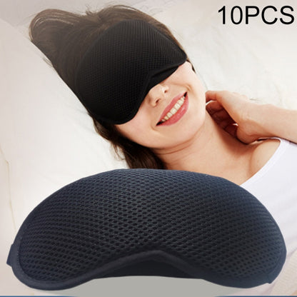 Contoured black sleep eye mask on a woman, held with elastic strap for sleeping