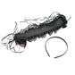 Black lace cat-ear headband laid flat with frilly trim and ribbon ties
