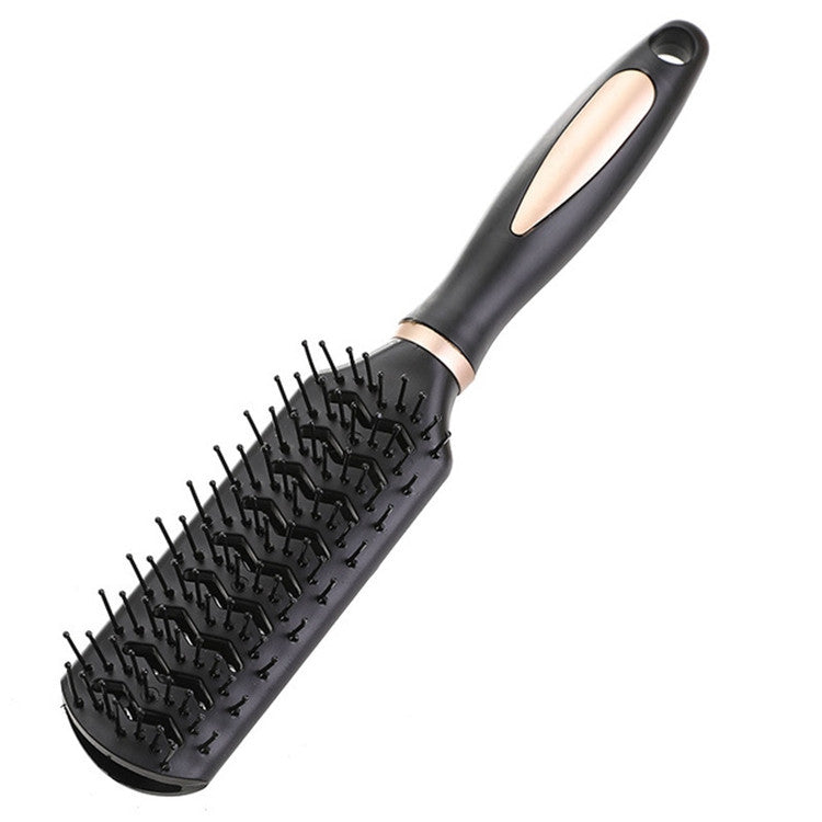 Black paddle hair curler brush with silver pins and ergonomic handle for detangling and styling.