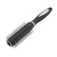 Black round-barrel hair brush with silver pins on the brush head and curved handle.