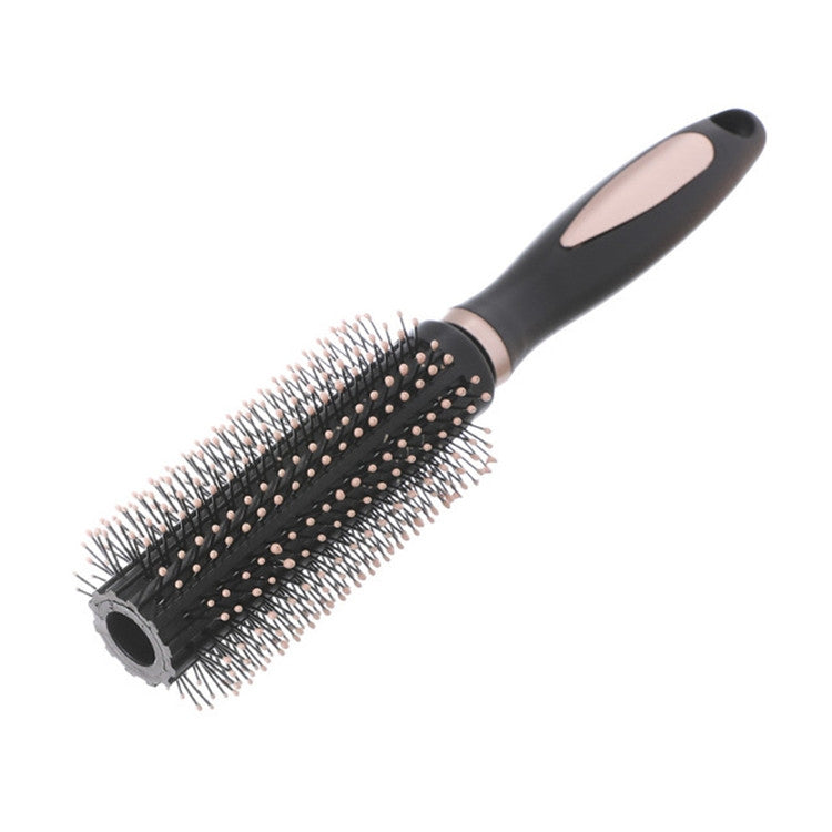 Black round-barrel hair brush with silver pins on the brush head and curved handle.