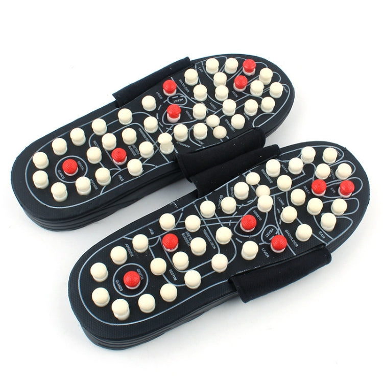 Black acupoint massage flip-flops with white and red raised nubs on the footbed