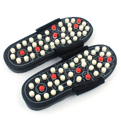 Black acupoint massage flip-flops with white and red raised nubs on the footbed