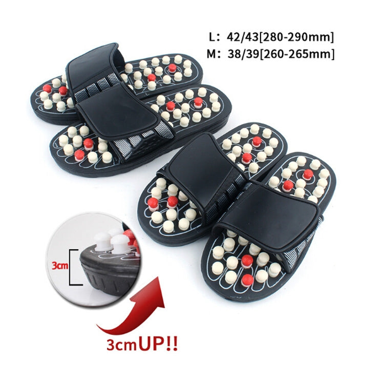 Black acupoint massage sandals with two wide straps and white/red sole nubs