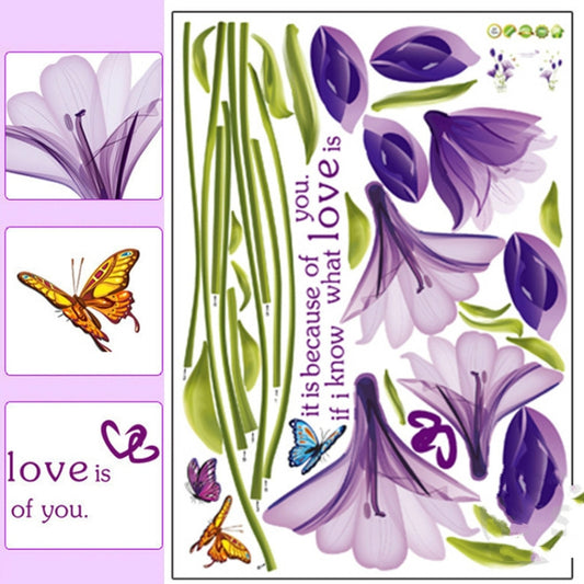 Home Decor DIY Purple Lily Flower Posters Living Room Decorative Wall Stickers Removable Waterproof Stickers, M, L
