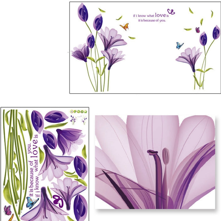 Purple lily wall sticker sheet with flower closeups and butterfly design pieces