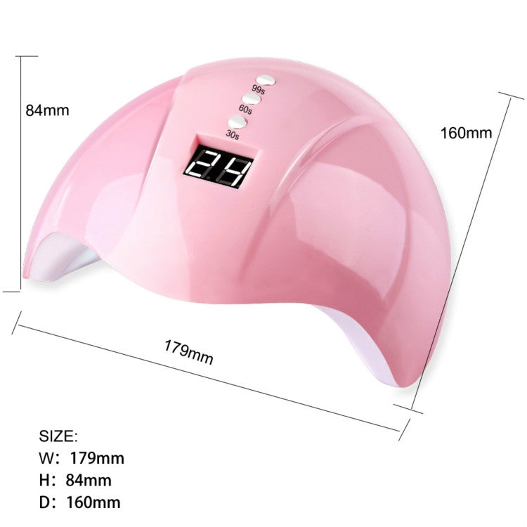 Pink UV LED nail lamp with size dimensions labeled on the product