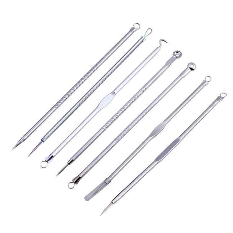Stainless steel acne needle set with seven loop-and-point tools on stand