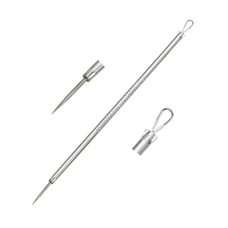 Stainless steel acne needle tools with pointed tips and loop handles, pair view
