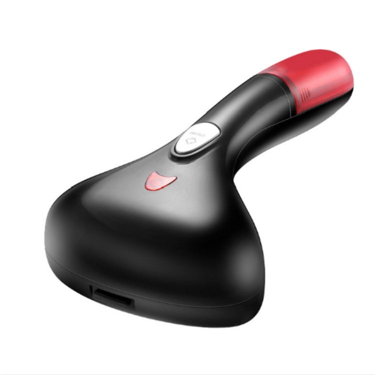 Black handheld garment steamer iron with red top and side steam vents