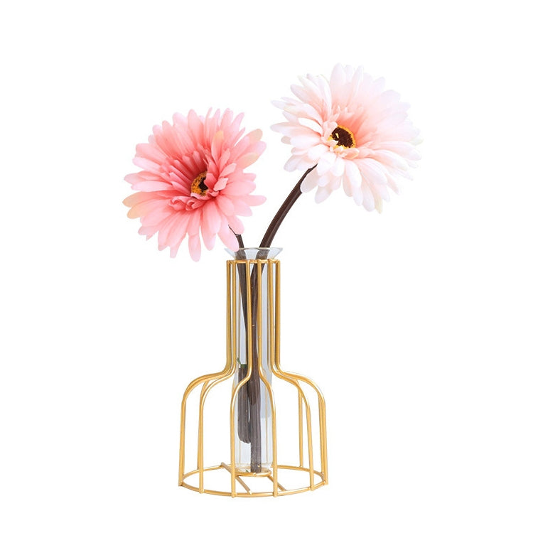 Gold metal flower glass insert with two pink daisy-style flowers and dark stems