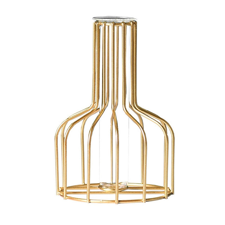 Gold metal flower glass insert base with vertical frame and open top