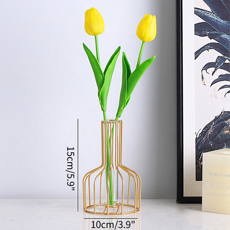 Gold metal flower glass insert with green stems and two yellow tulip-style flowers