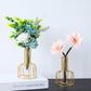 Gold metal flower glass insert pair with green-blue blooms and pink flower accents