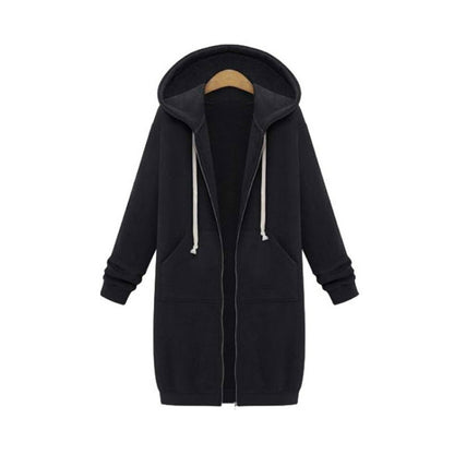 Black hooded long zip sweater with drawstring ties and long sleeves