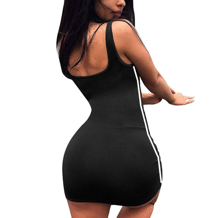 Black sleeveless bodycon mini dress with striped side panel and racerback neckline