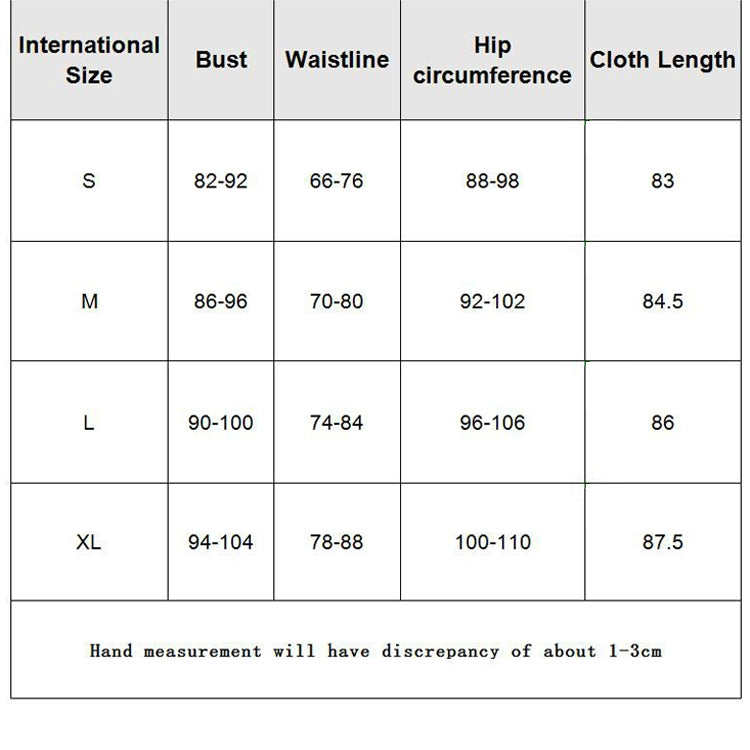 Size chart for hip strap dress: bust, waistline, hip circumference, cloth length