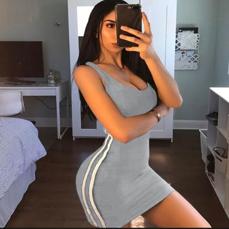 Gray sleeveless bodycon mini dress with striped side panels and scoop neckline