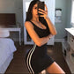 Black hip-strap bodycon dress with white striped side detail and square neckline