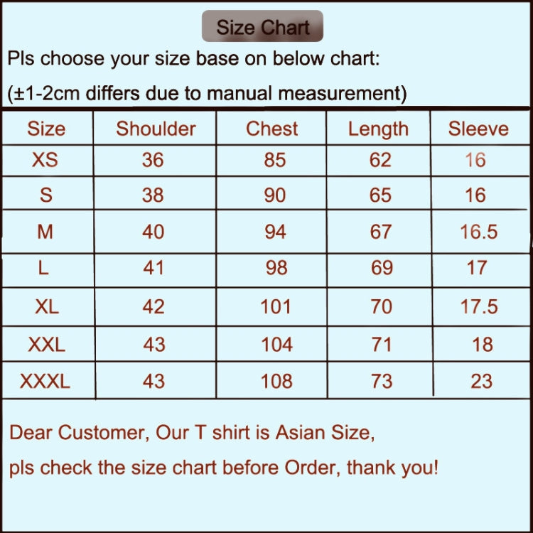 T-shirt size chart with shoulder, chest, length, and sleeve measurements