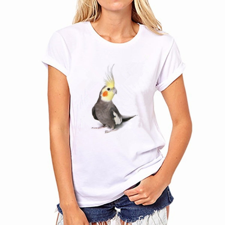 Women’s white short-sleeve T-shirt with parrot artwork