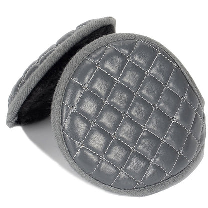 Grey quilted leather earmuffs with plush earmuff pads and stitched square grid