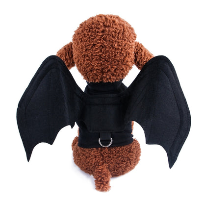 Bat wings pet costume: brown plush dog with black harness belt and wide black wings