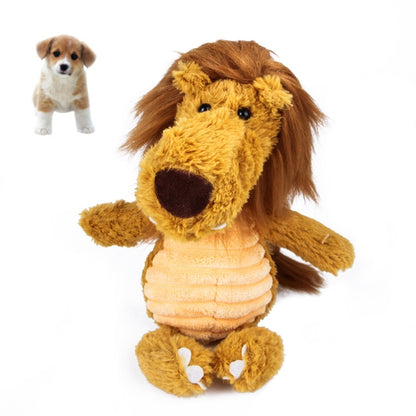Lion plush biting pet teddy toy with yellow face, brown mane, and squeaker