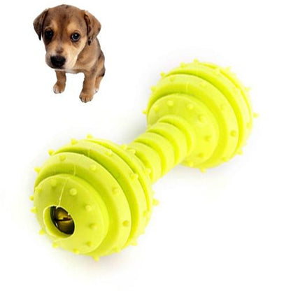 Yellow TPR bite-resistant dumbbell dog toy with circular ridges and paw-suitable texture