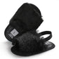 Black faux-fur soft-sole baby sandals with adjustable strap and open toe