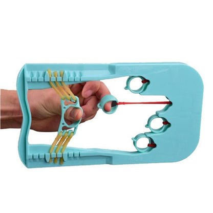 Blue finger gripper exerciser tray with finger slots and red/green grip handles