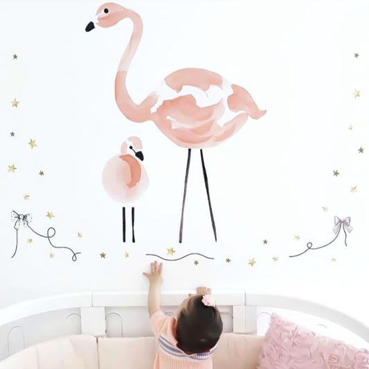 Pink flamingo wall stickers with small bird and balloon, star garland accents